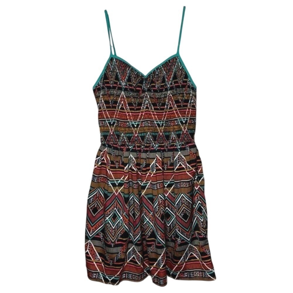 Band of Gypsies Mini Dress M Boho Festival Aztec Smocked Juniors Pockets Summer